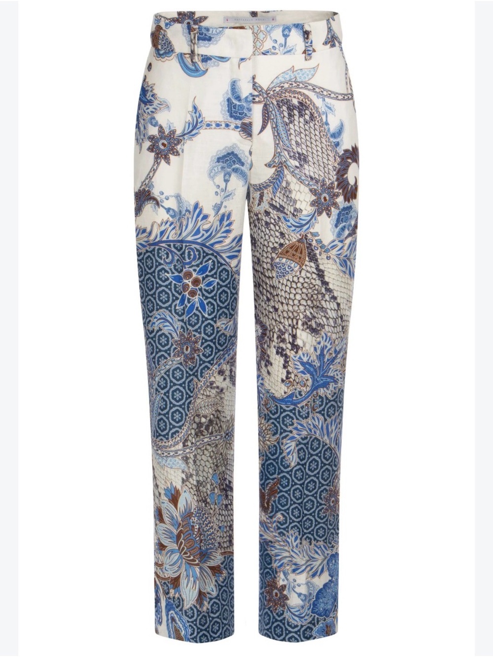 RAFFAELLO ROSSI Blue, White & Brown Printed Wide-Leg 100% Linen Pants